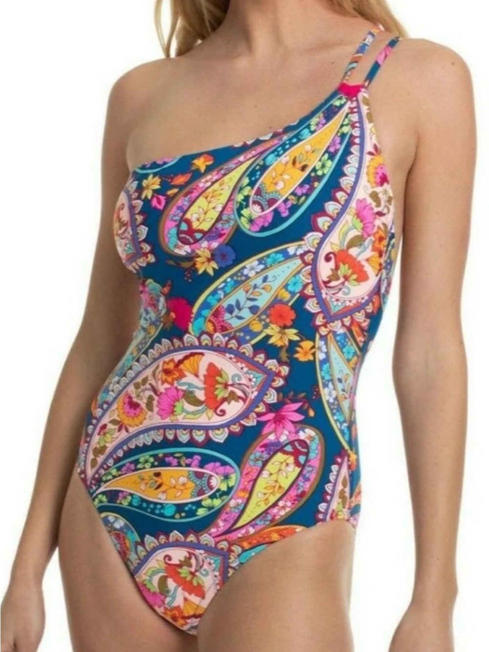 Trina Turk One-Shoulder Paisley Print Swimsuit in Teal & Multi 10